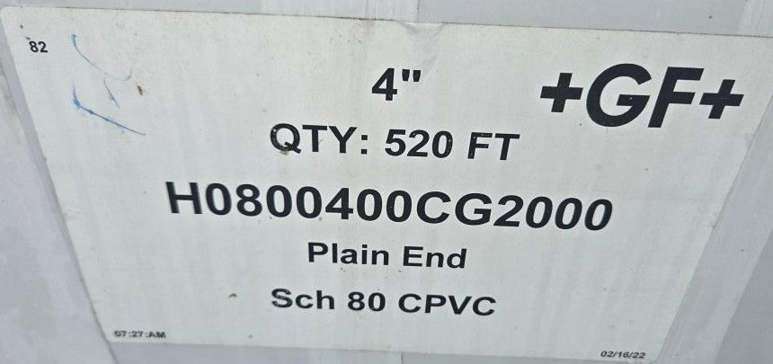 NEW 4" Schedule 80 CPVC Pipe +GF+ ChlorFIT, Corzan, Plain End, Texas, H0800400CG2000 Georg Fischer