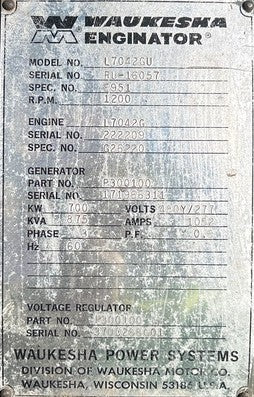 700 kW Continuous, Waukesha L7042G Natural Gas Generator Set, only 1,199 hours!, 480Y / 277 Volts, 1,200 RPM, Radiator