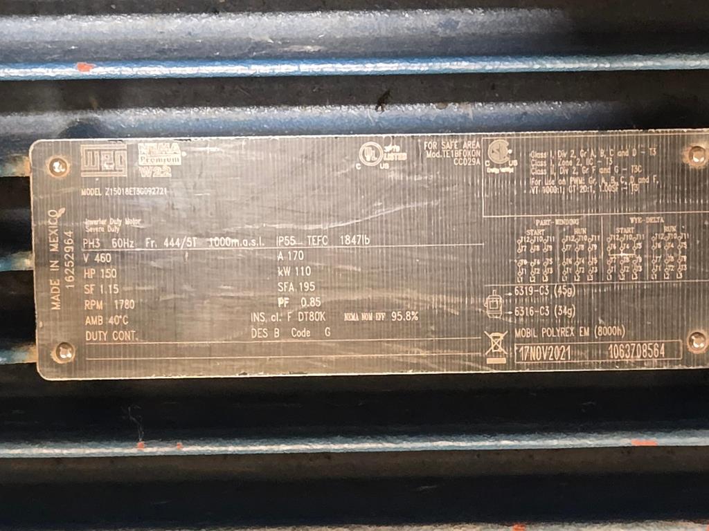 150 HP WEG Motor (New / Unused), Z15018ET3G092721, Year 2021, 150hp, Inverter Duty Electric Motor, 460V, 3 PH, 60Hz, 1780rpm, Texas