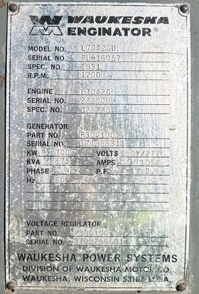 700 kW Continuous, Waukesha L7042G Natural Gas Generator Set, only 1,199 hours!, 480Y / 277 Volts, 1,200 RPM, Radiator